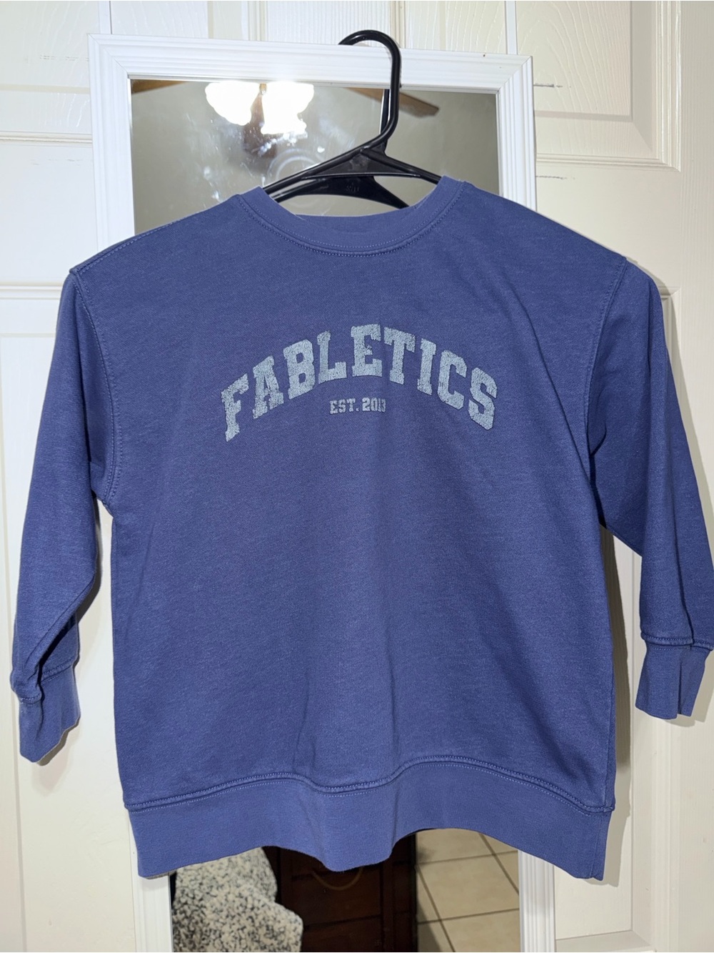 Fabletics Girls’ Crewneck Sweatshirt in Dusty Blue with Light Gray Logo